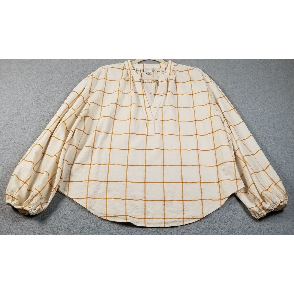 A New Day Top Women's XL Extra Large Yellow Cream Windowpane Check See Through